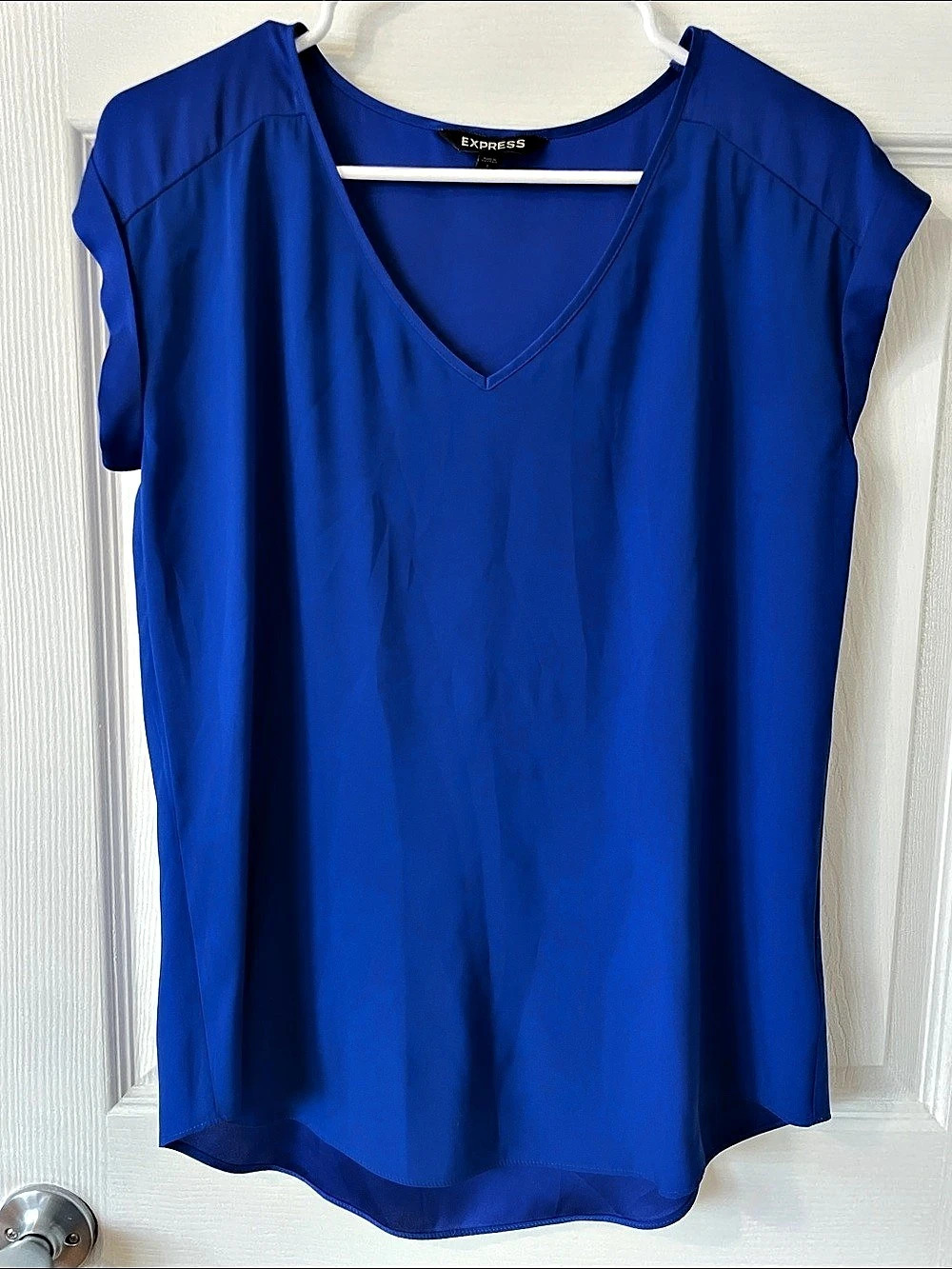 Express Roll Cuff V-Neck Blouse Blue Small